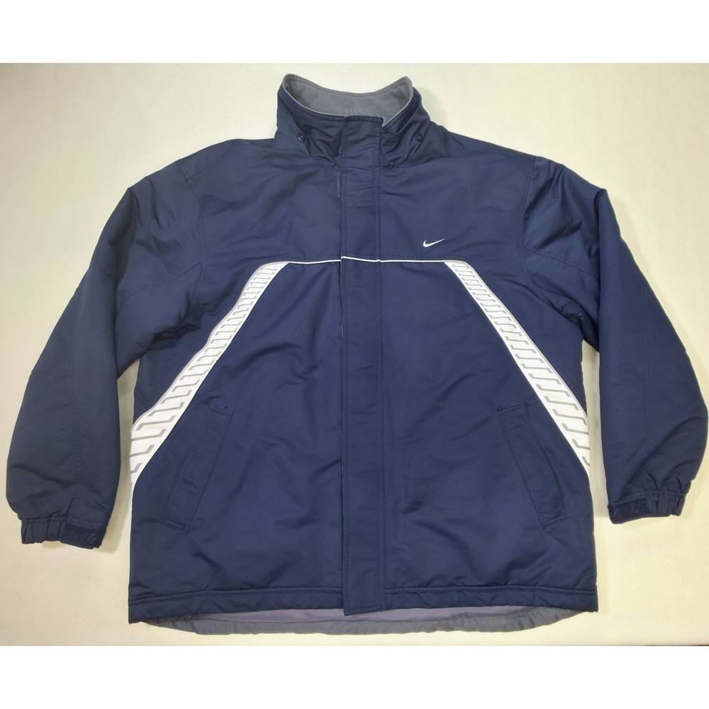 Nike‎ Puffer Ski Jacket Mens 2XL Blue White Embroidered Fleece Lined Warm Parka